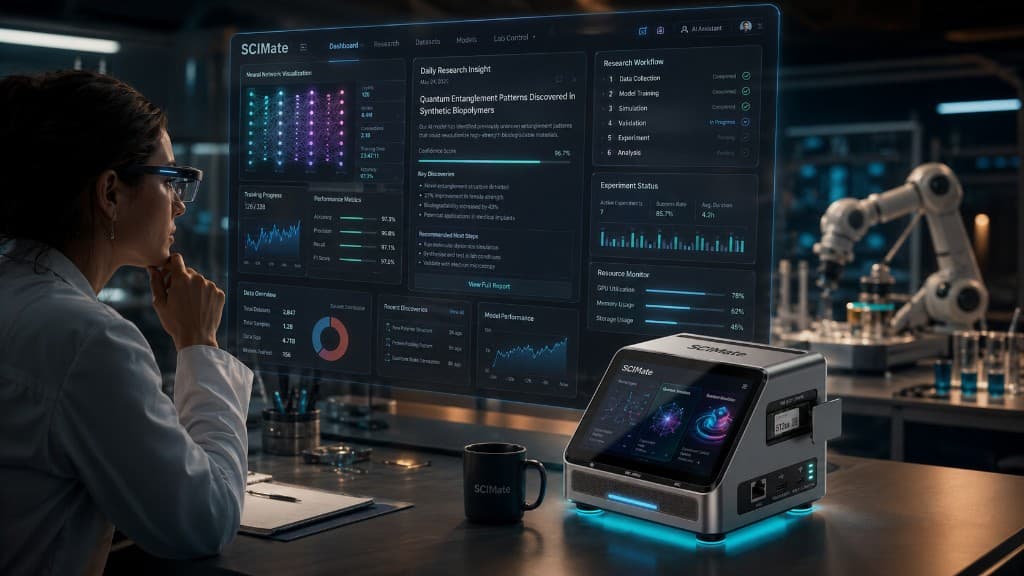SciMate 官方产品实拍:科研人员使用全息科研仪表盘与 SCIMate 边缘算力单元,含每日科研洞察与资源监控界面